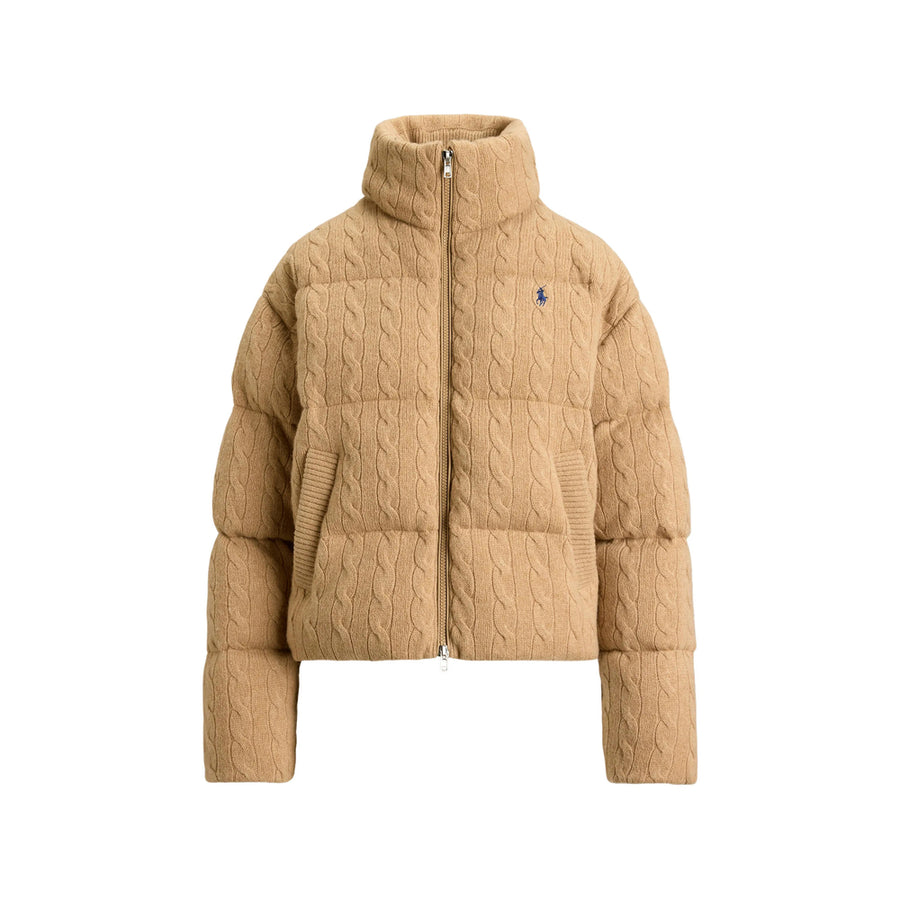 Quilted Cable-Knit Wool-Cashmere Jacket Brown Puffer