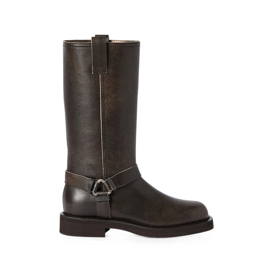 Leather Shoes With Monili Decoration Brown Calf