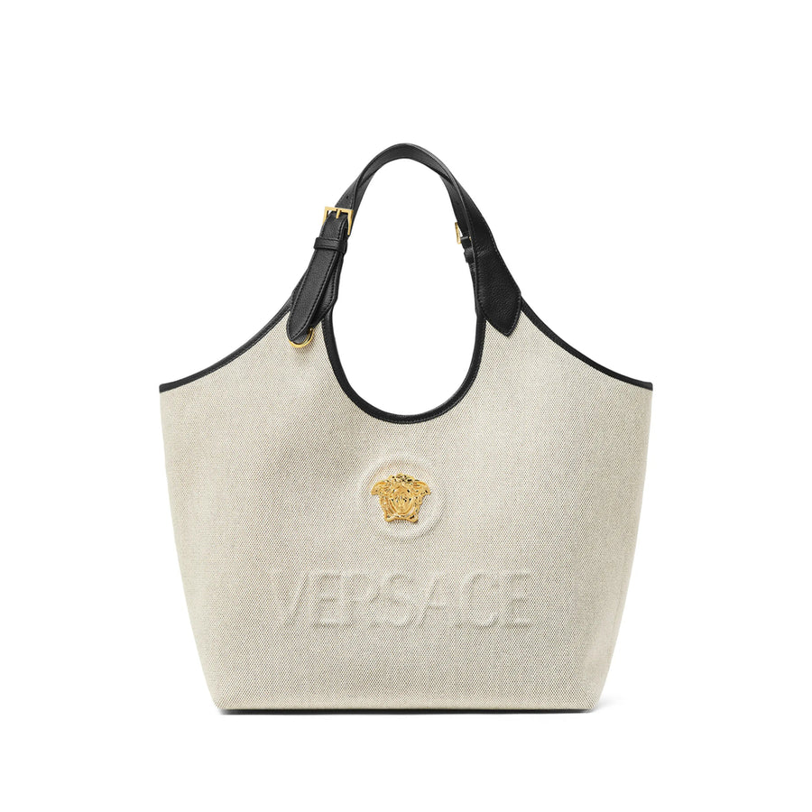 Tote Bag Cotton Canvas And Leather Neutrals/black