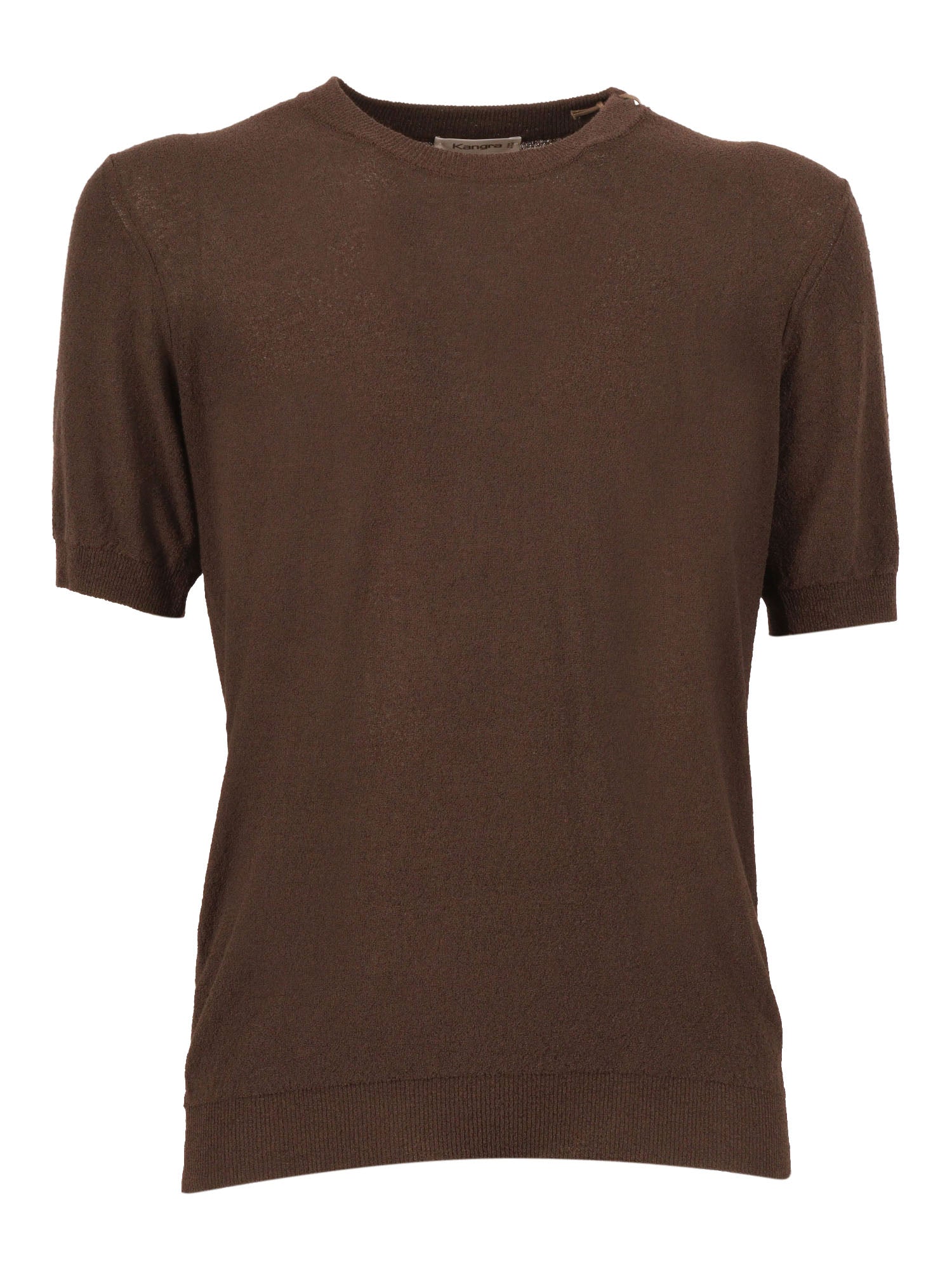 Short-Sleeved Fully-Fashioned Crew Neck Sweater Brown Cotton Polyamide Crewneck