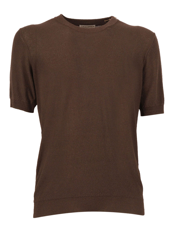 Short-Sleeved Fully-Fashioned Crew Neck Sweater Brown Cotton Polyamide Crewneck
