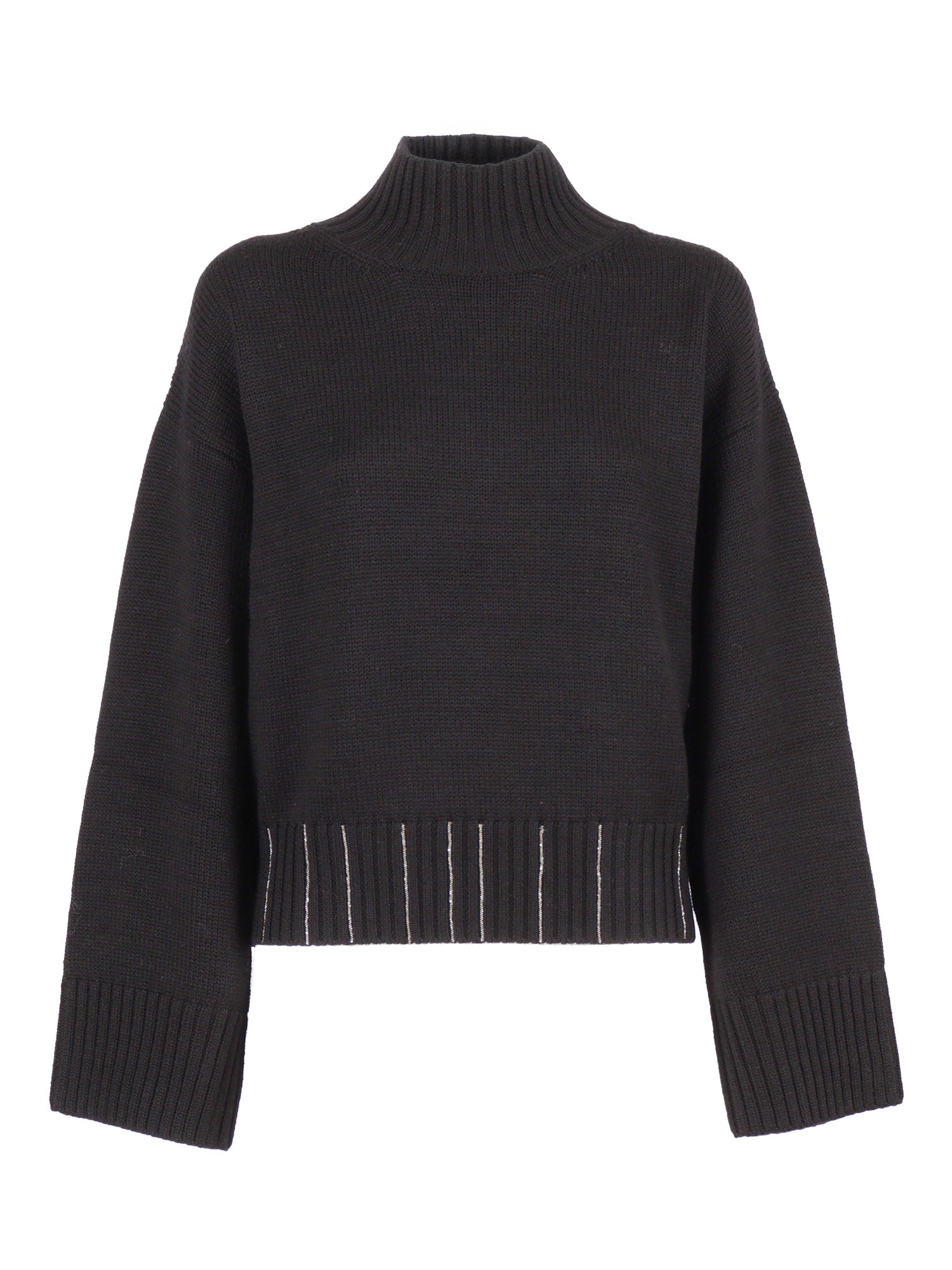 Merino Wool Cropped Turtle Neck Sweater Black Virgin Crewneck