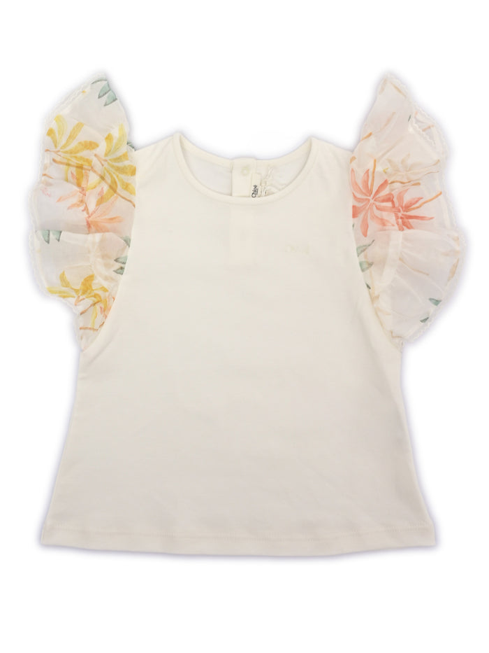 Short sleeves top in 100% organic cotton interlock. Ruffles veil with Palm grove seasonal print. Tone on Chlo� embroidery at chest. White Trimming