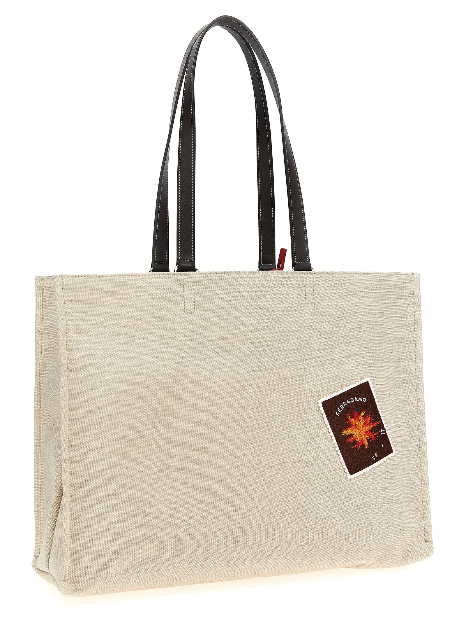 Tote bag L shopping Beige Fabric Calfskin Leather