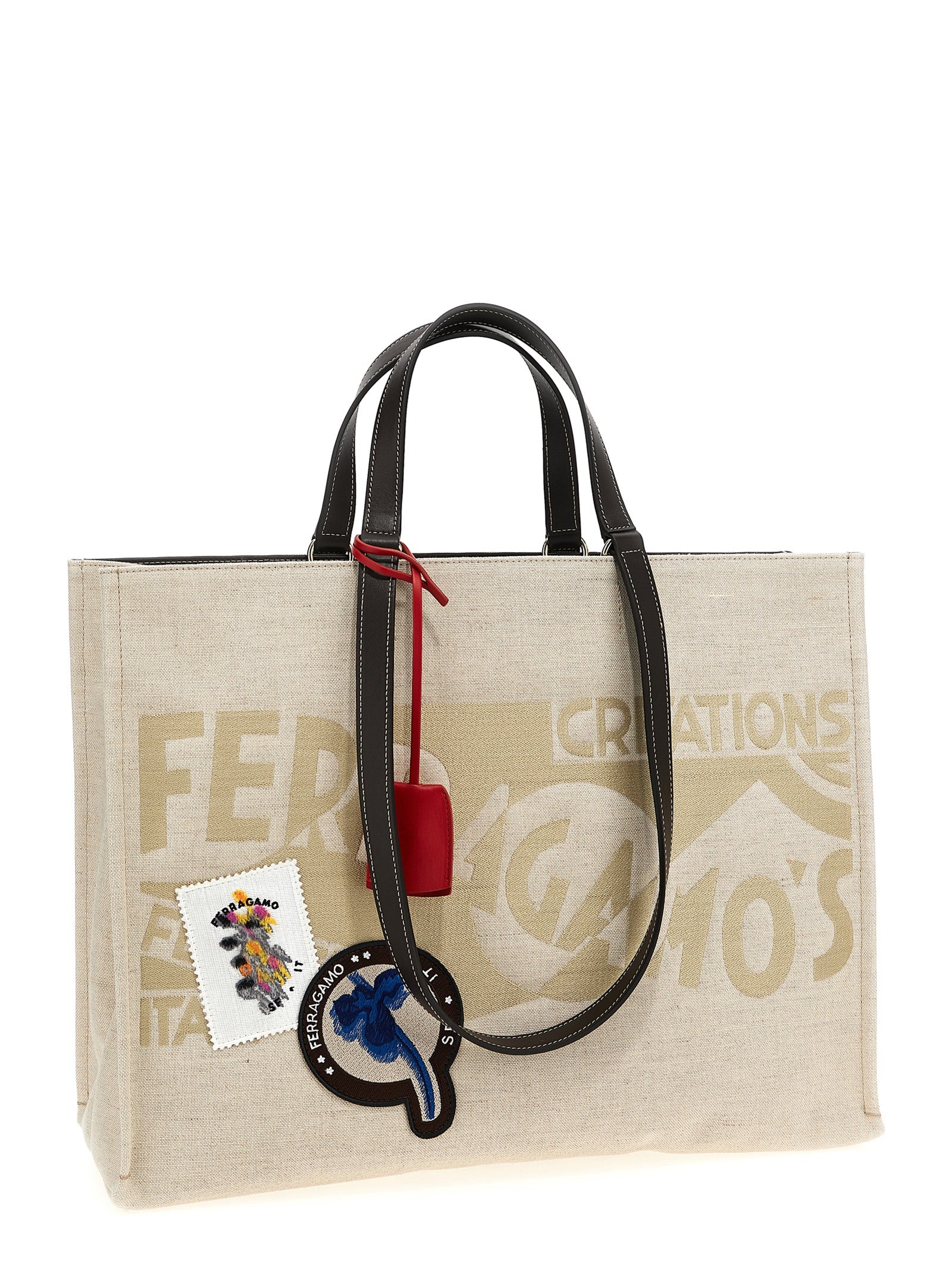 Tote bag L shopping Beige Fabric Calfskin Leather