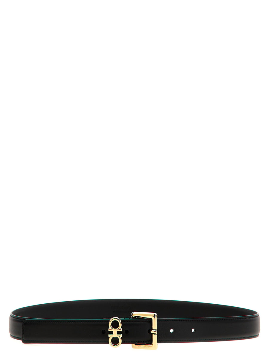 Ferragamo Gold Double Gancini Belt — Black