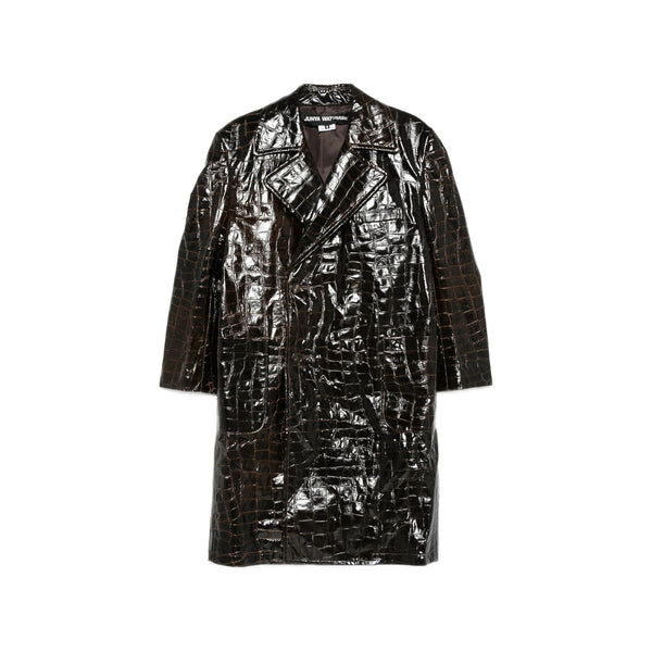 Double-Breasted Croc-Effect Coat Brown Polyurethane Resin Double Breasted & Peacoats