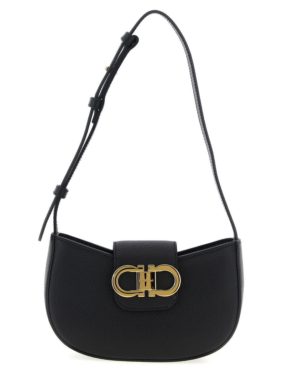 Ferragamo Gancini Logo Hammered Leather Shoulder Bag — Black
