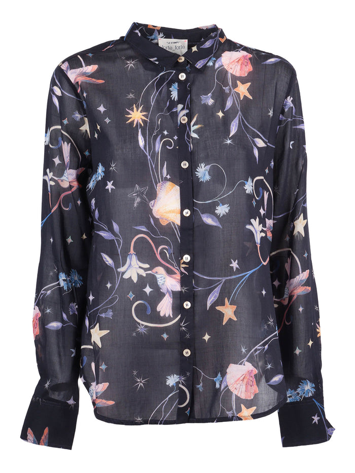 Regular Voile Shirt With Deliverance Print Blue Cotton Silk