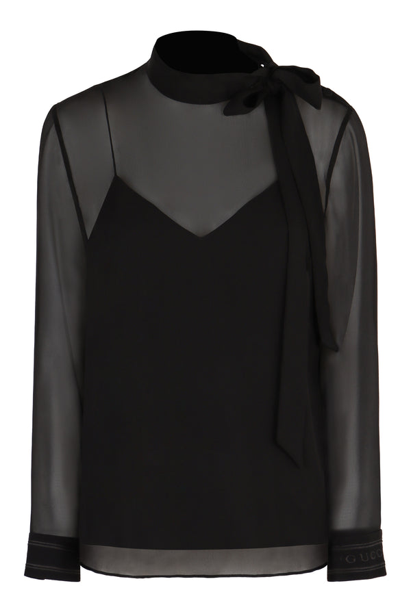 Pussy-Bow Silk Blouse Black Blouses