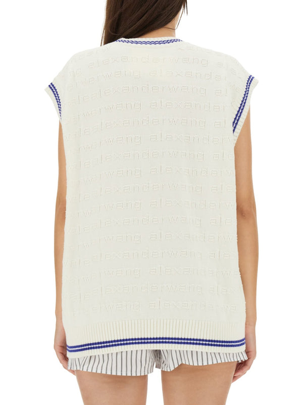 V-Neck Vest With Ribbed Edges Multicolour Cotton Waistcoats & Gilets