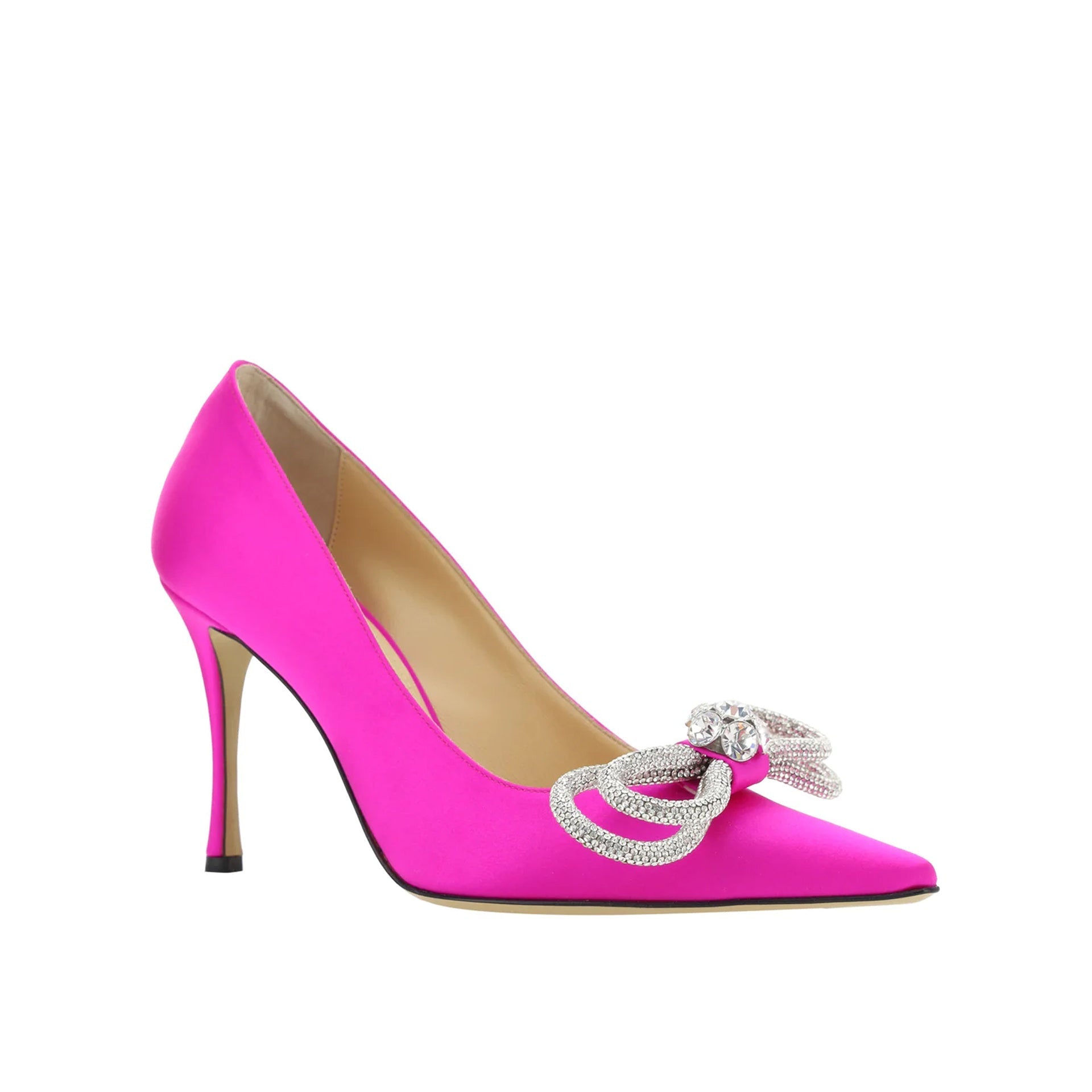 Mach & Double Bow Satin Pumps Pink Calf Leather