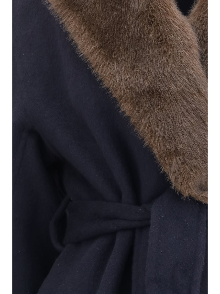 Wool Coat With Fur Collar Blue Merino (ovis Aries)