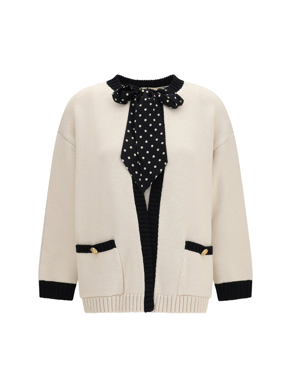 Open Cardigan With Polka-Dot Bow, Birch-Black Birch/black Cotton
