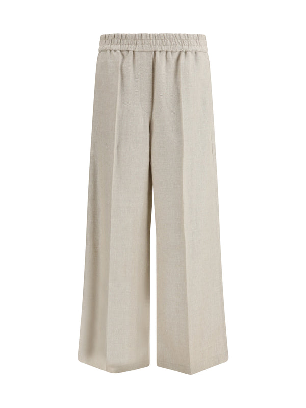 Elasticated-Waistband Pants Beige/panama Linen; Cotton