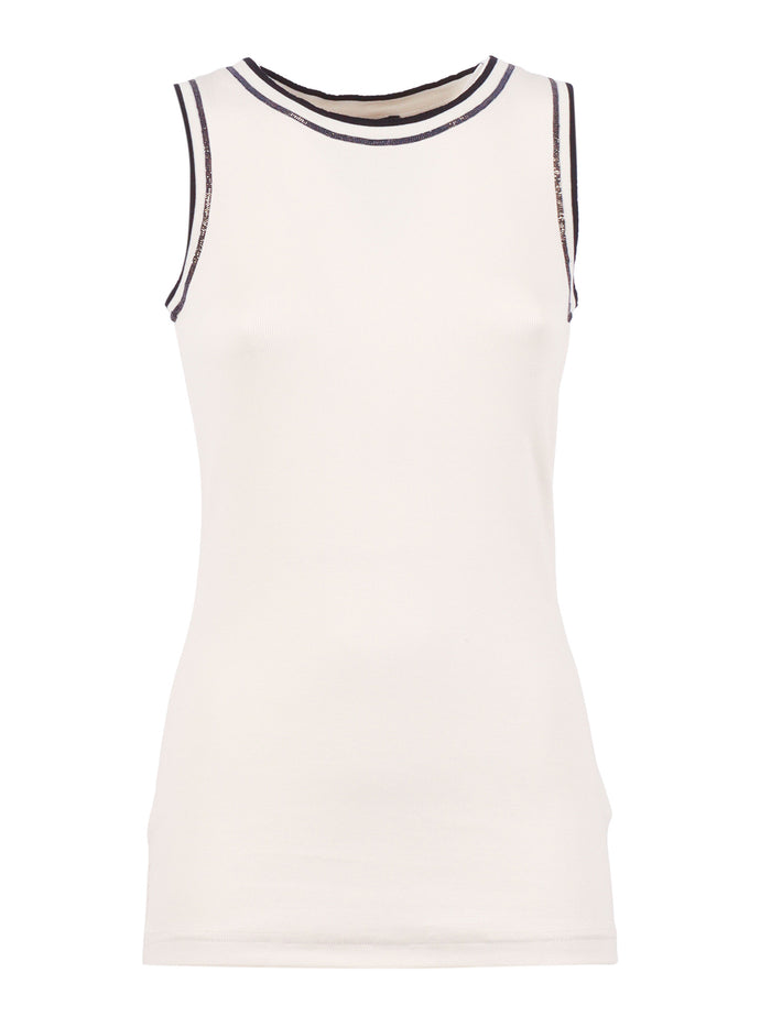 Ribbed Tank Top With Contrast Knit Trim White Cotton Elastane T-shirt