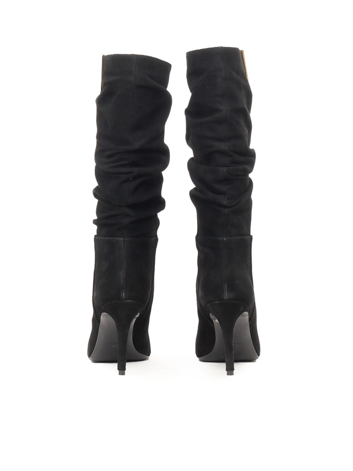 GOLDEN V + STILETTO HEEL BOOTS Black Leather Sole Rubber