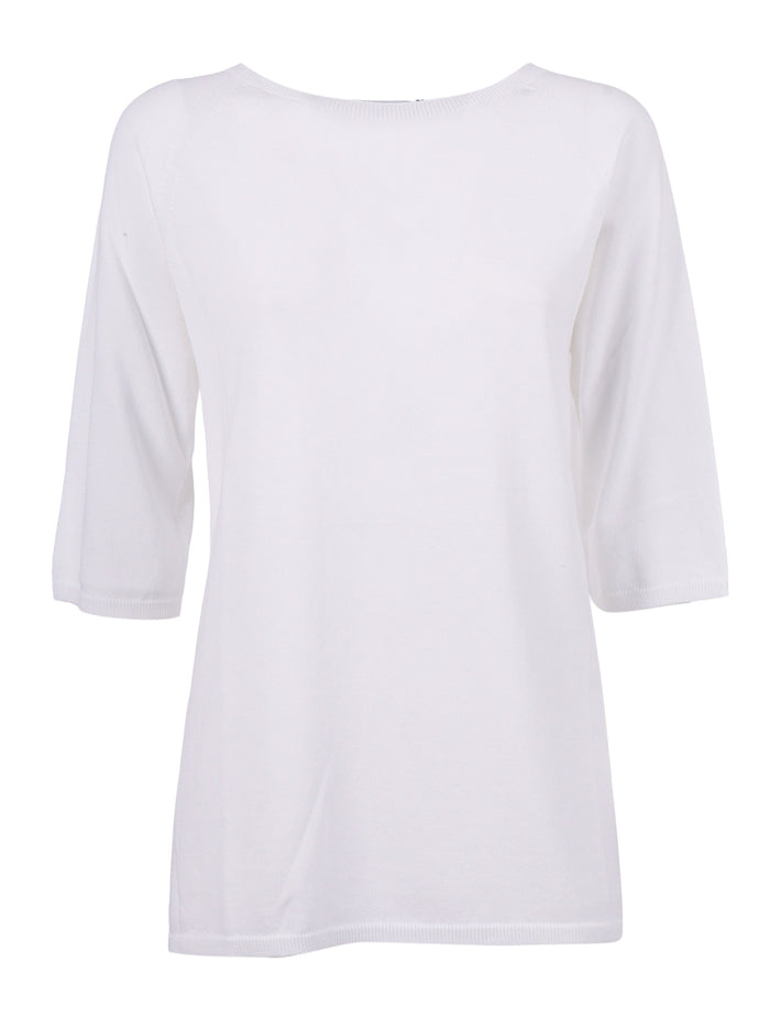 Seamless Plain-Knit Crew Neck With An A-Line Silhouette White Cotton Crewneck