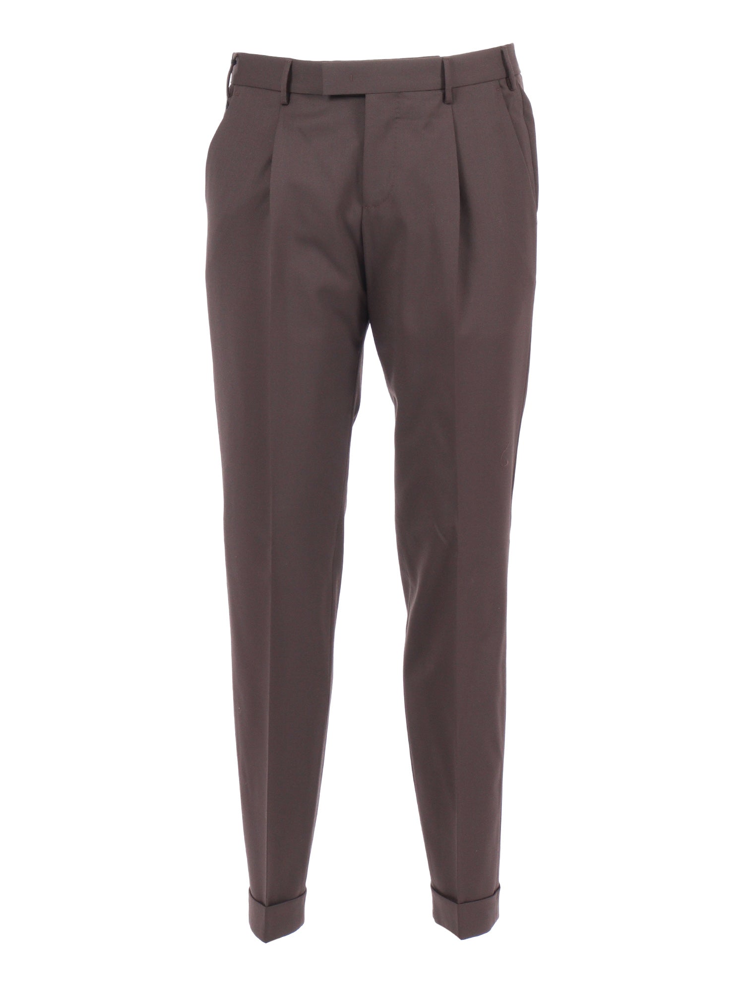 MASTER, 1 Pleat, Diagonal Pockets, Flap Back Turn-Up Brown Virgin Wool Elastane Pant
