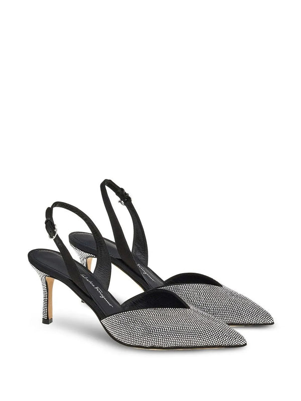 Ferragamo Leather with crystal embellishment slingback pump in black
