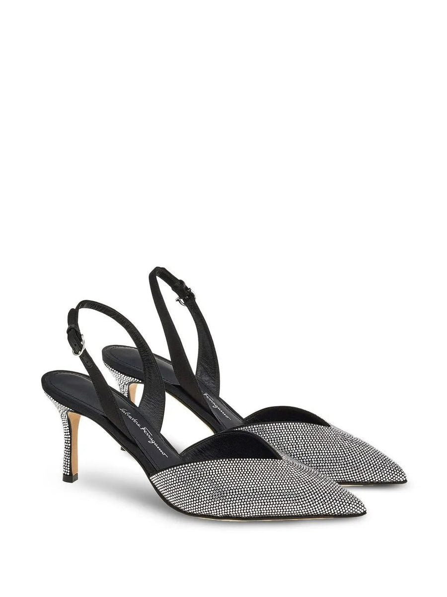 Ferragamo Leather with crystal embellishment slingback pump in black