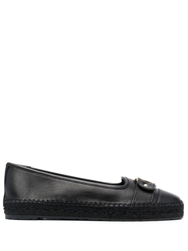 Ferragamo Calf leather; braided raffia sole espadrille flat in black