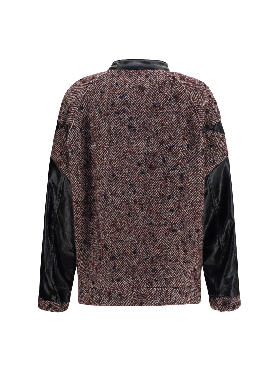 Virgin Wool Blend Jacket With Leather Sleeves Bordeaux