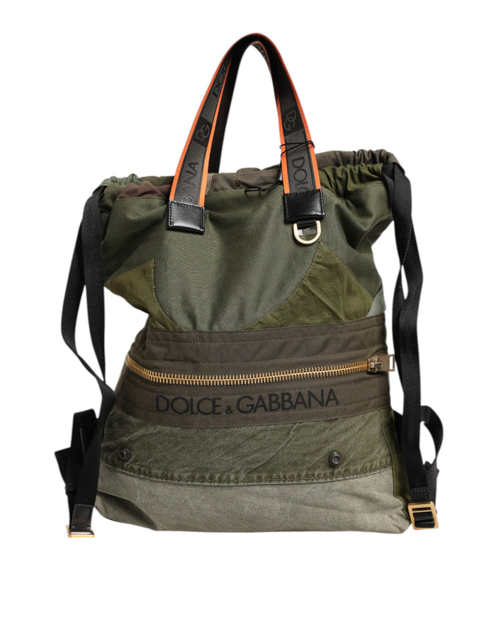 Military Green Patchwork Rucksack Backpack Bag Cotton Nylon Calfskin
