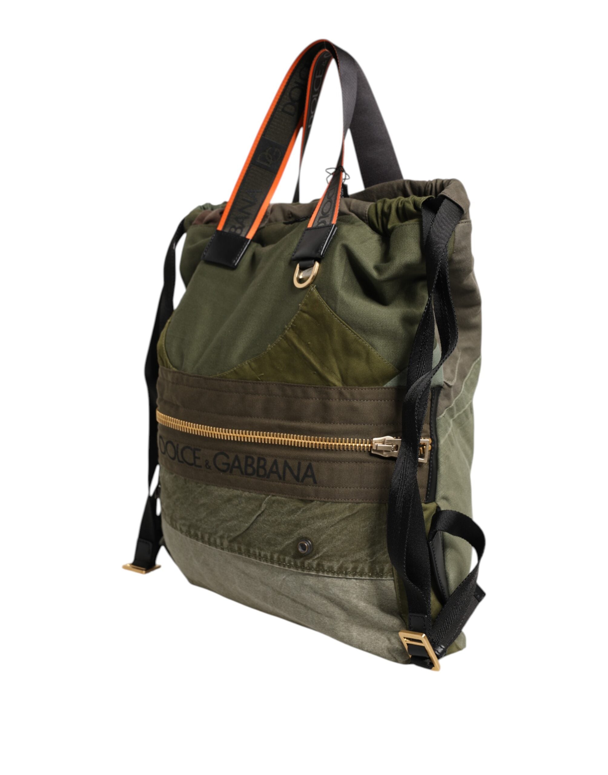 Military Green Patchwork Rucksack Backpack Bag Cotton Nylon Calfskin