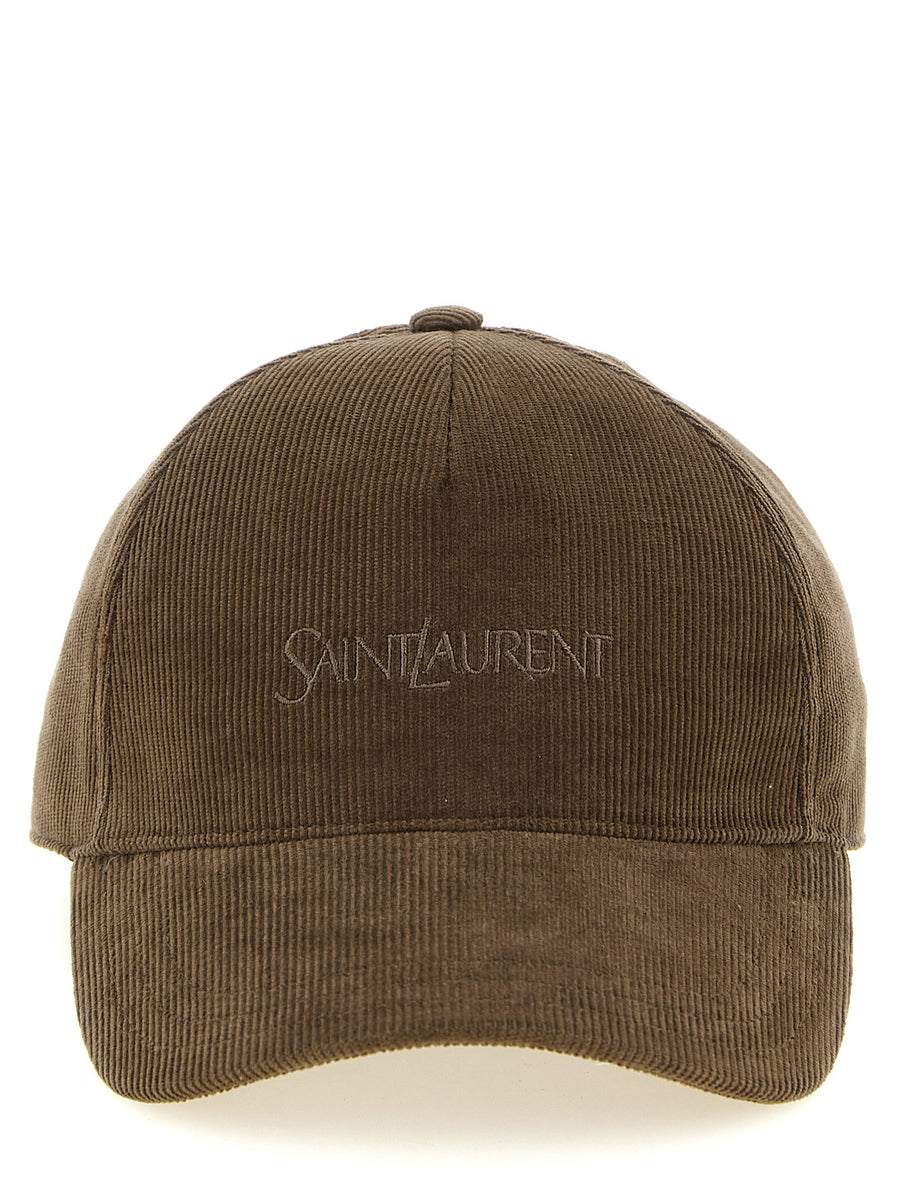 Saint Laurent Embroidered Logo Corduroy Baseball Cap — Brown
