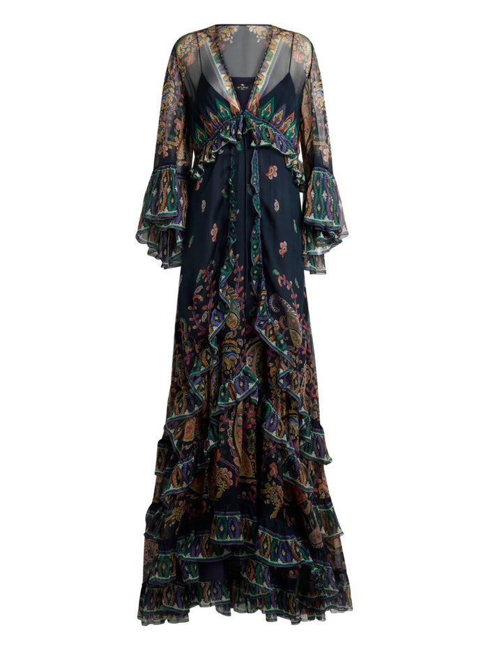 Maxi Flared Dress With See-Through Sleeves Blue Abito