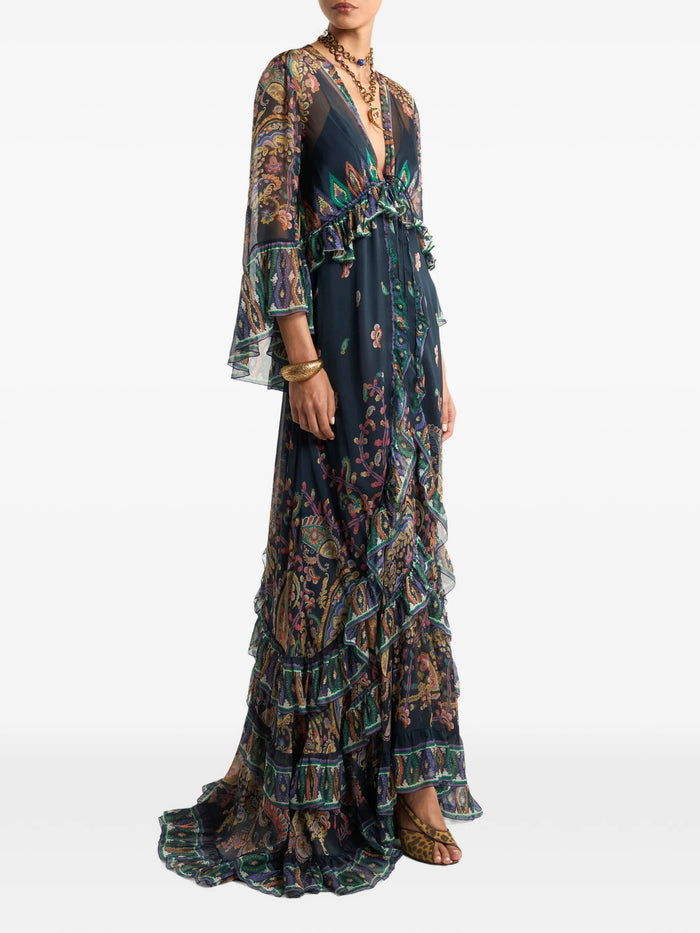 Maxi Flared Dress With See-Through Sleeves Blue Abito
