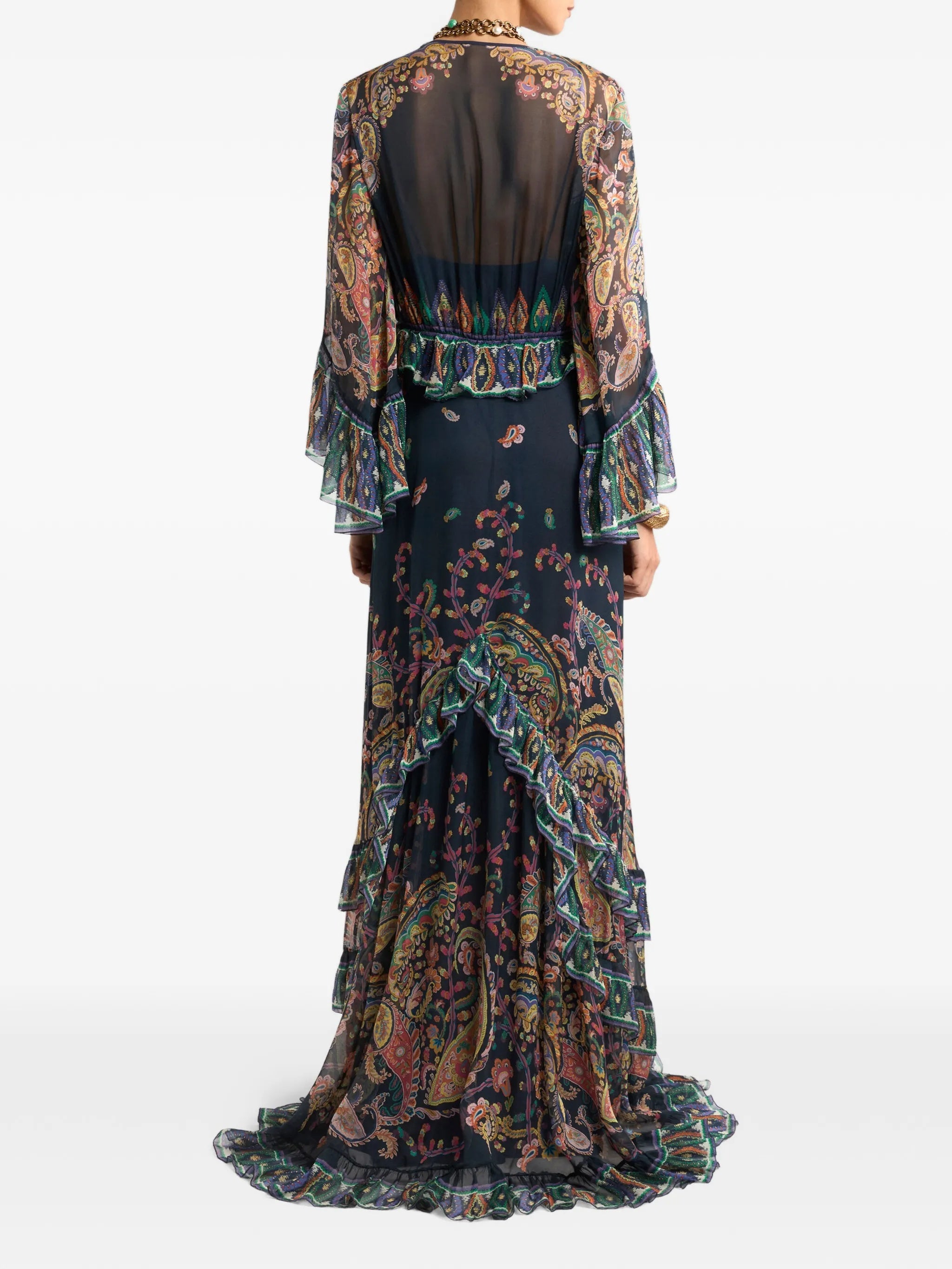 Maxi Flared Dress With See-Through Sleeves Blue Abito