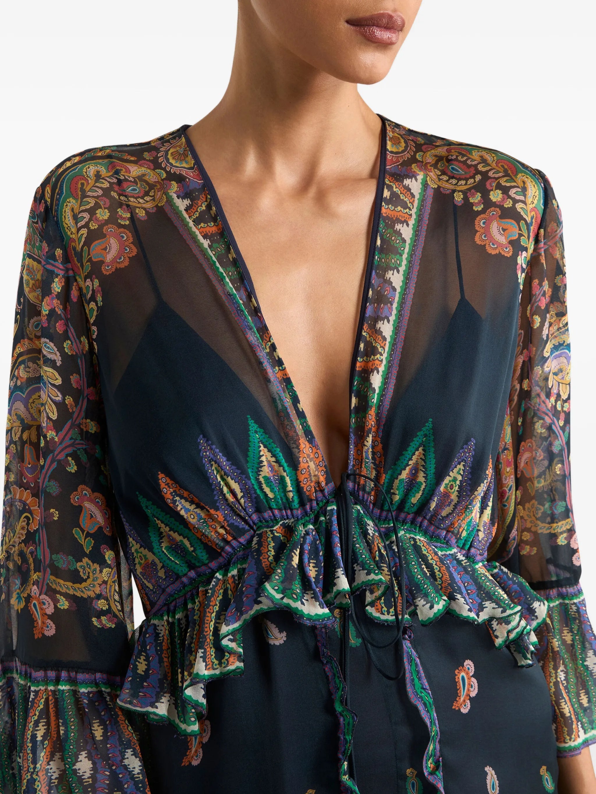 Maxi Flared Dress With See-Through Sleeves Blue Abito