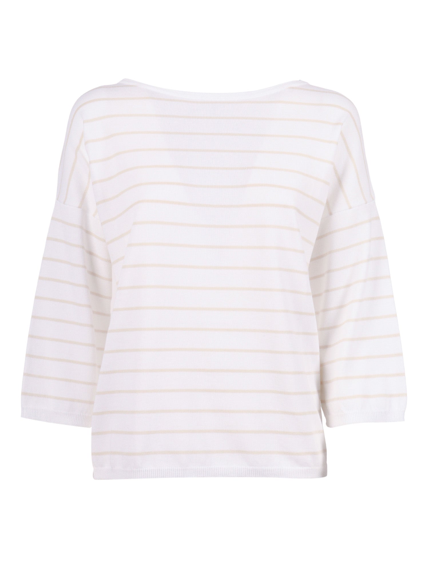 Two-Tone Striped Boat Neck Sweater With Elbow-Length Sleeves White Cotton Crewneck