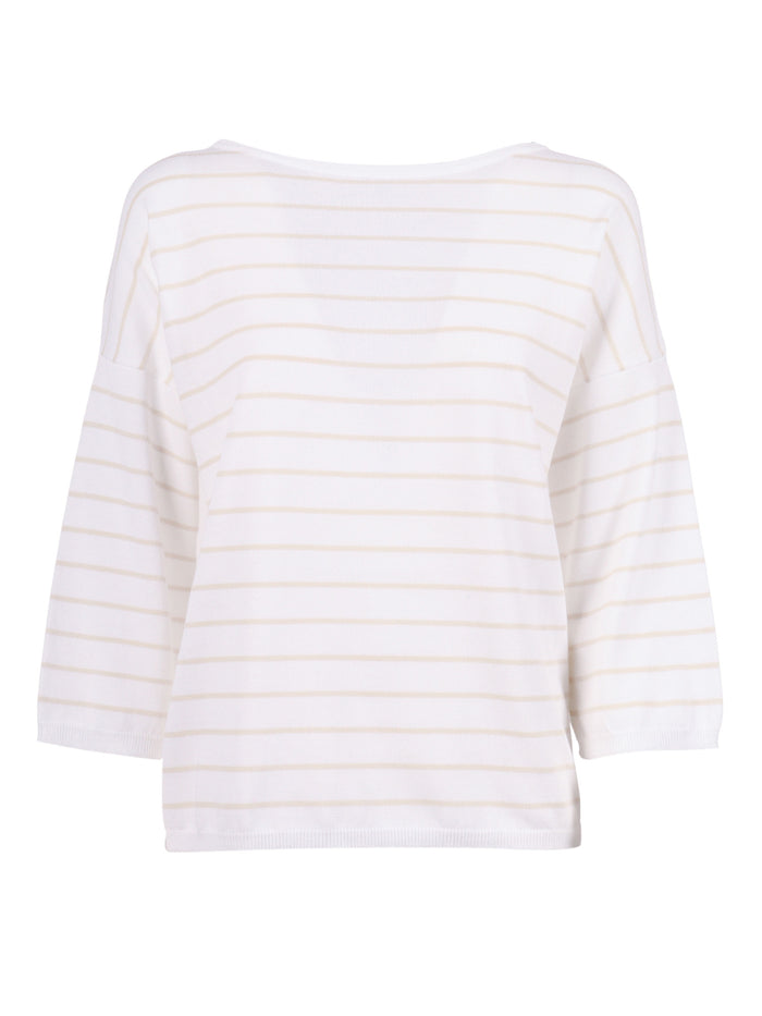 Two-Tone Striped Boat Neck Sweater With Elbow-Length Sleeves White Cotton Crewneck