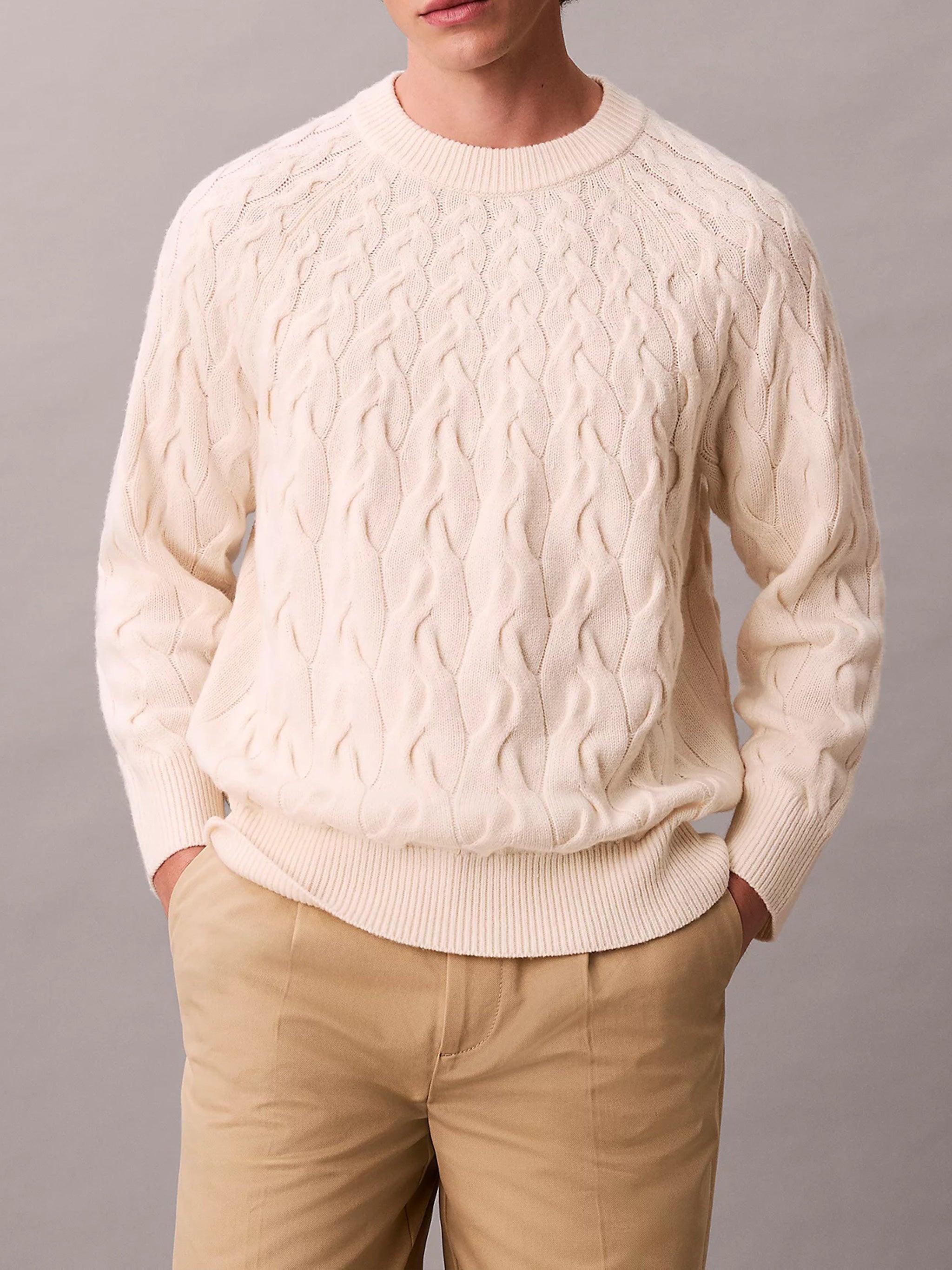 Ls Lambswool Blend Cable Crewnk White Maglia