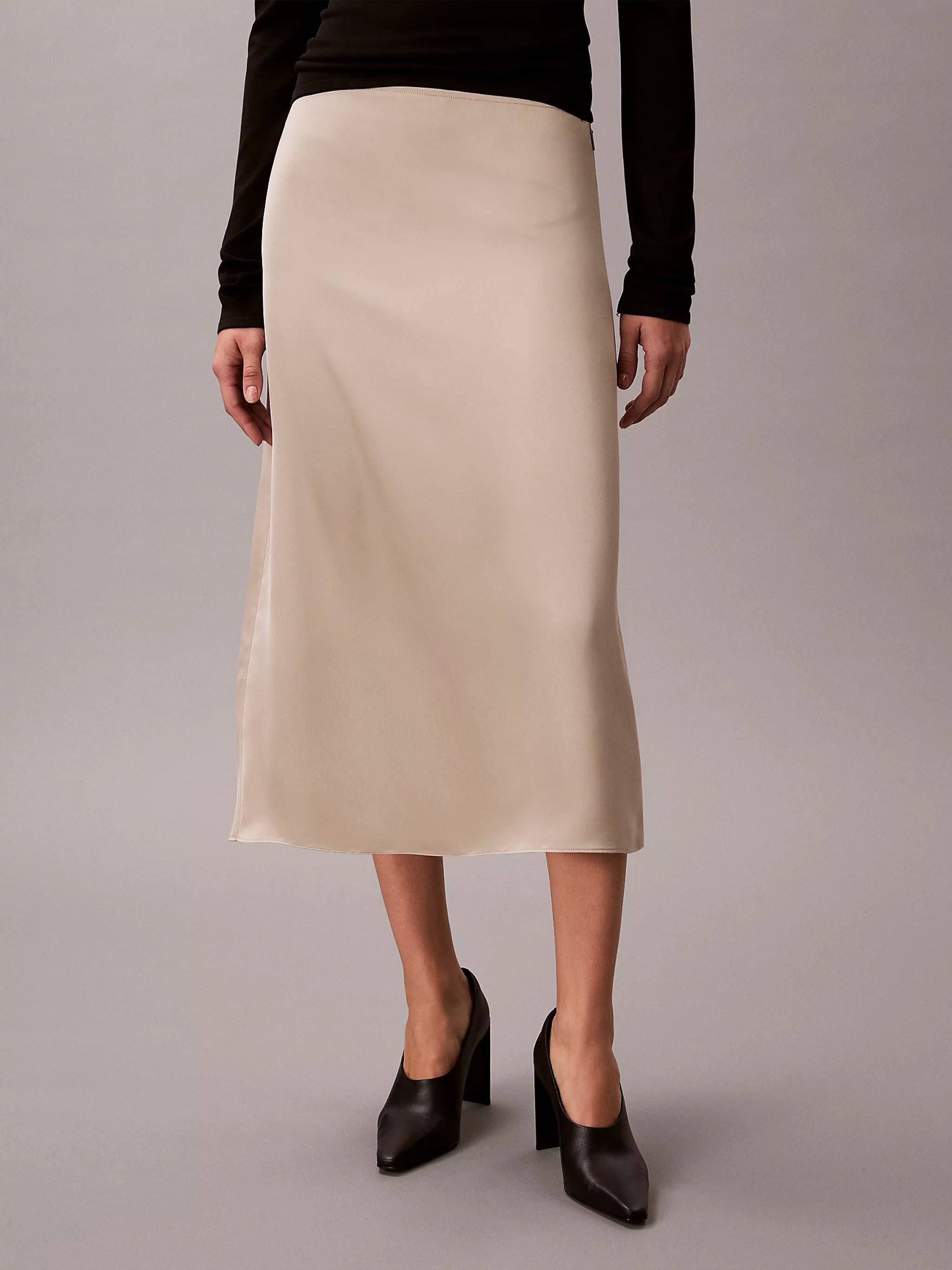 Matte Shine Satin Midi Skirt White Gonna