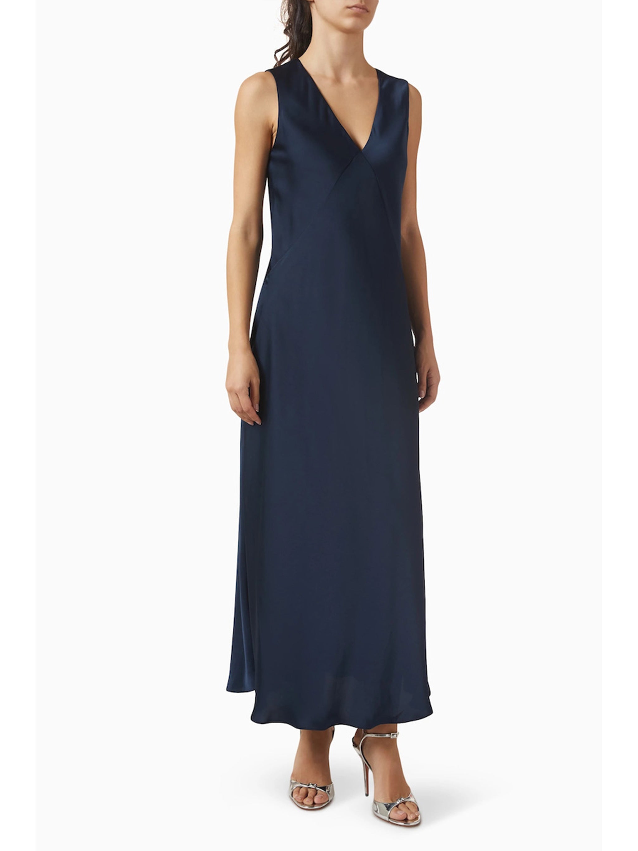 Satin V Neck Midi Dress Blue Recycled Pl Abito