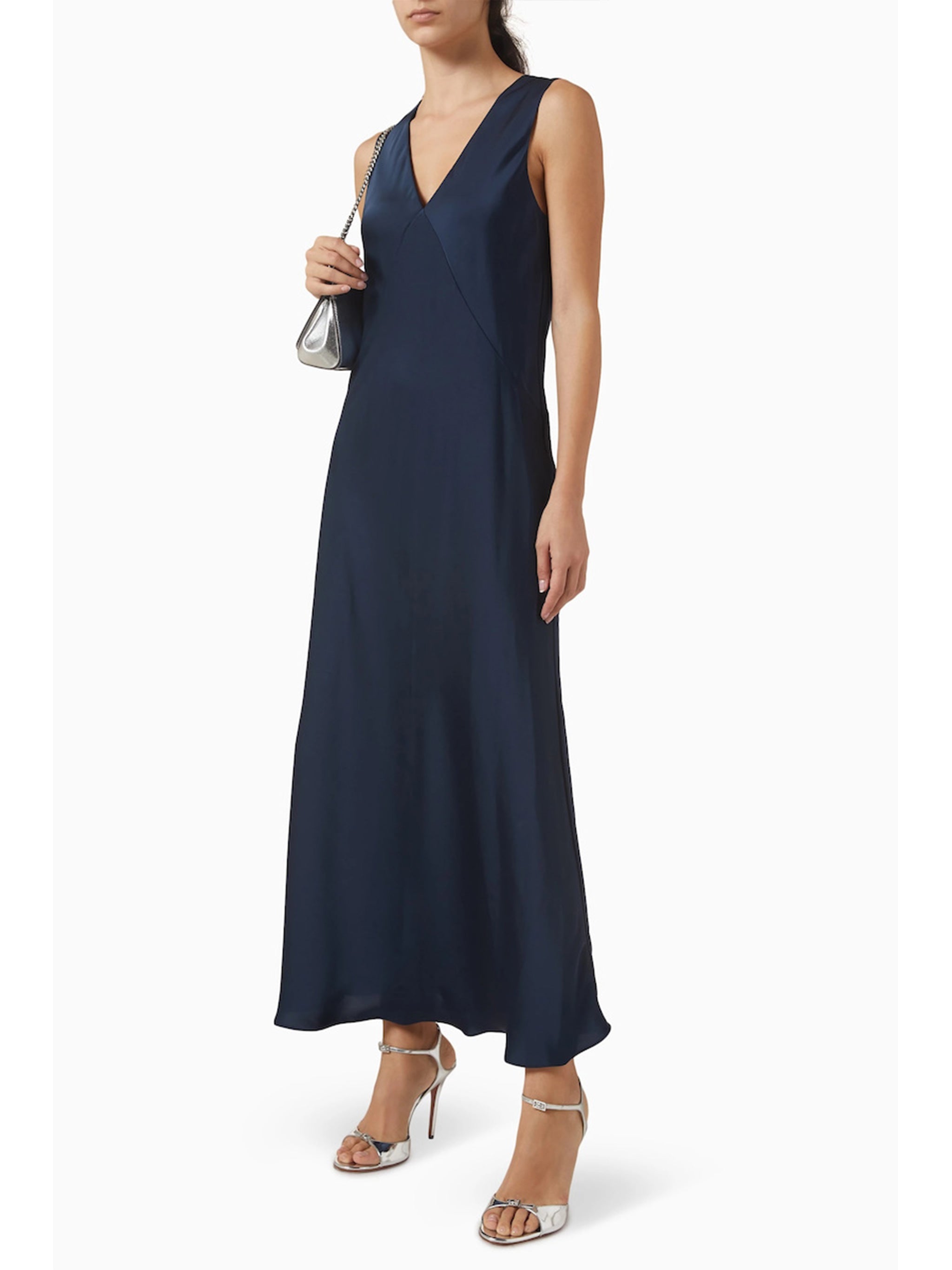 Satin V Neck Midi Dress Blue Recycled Pl Abito