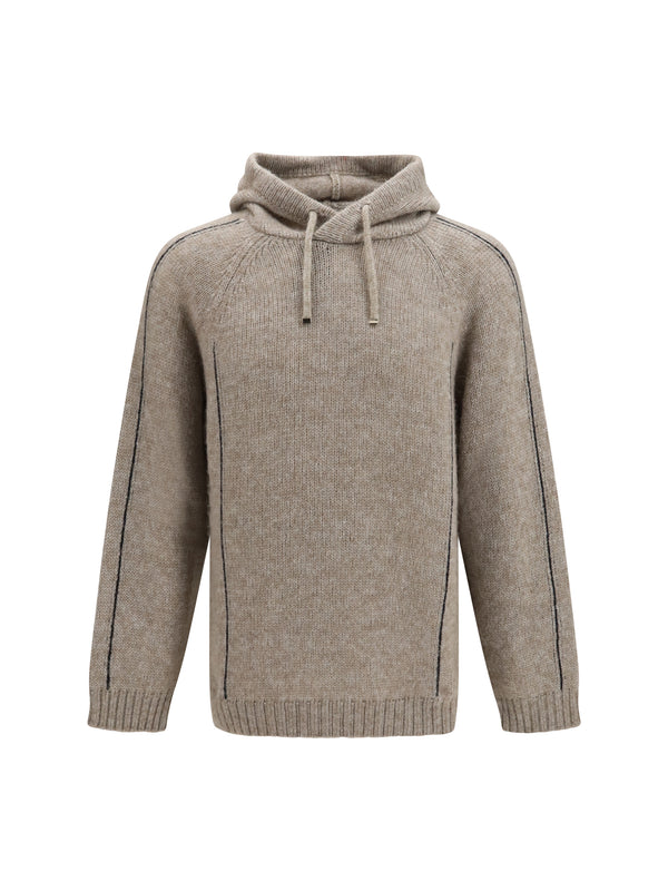 Alpaca-Knit Hooded Sweatshirt With Contrasting Trims Beige/blu Knitwear