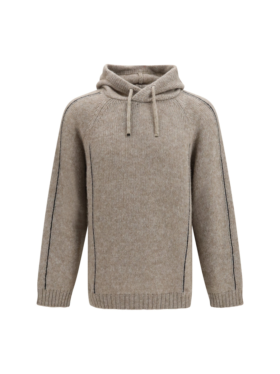 Alpaca-Knit Hooded Sweatshirt With Contrasting Trims Beige/blu Knitwear