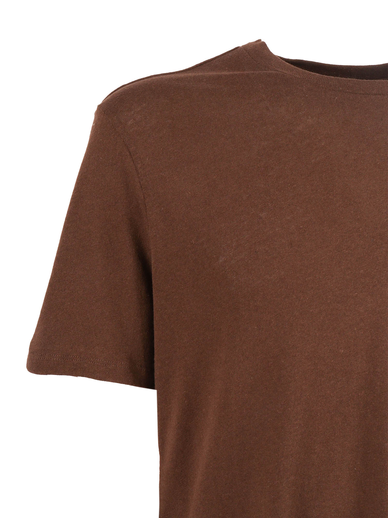 Short Sleeve Round Neck T-Shirt Brown Cotton Linen Sleeves