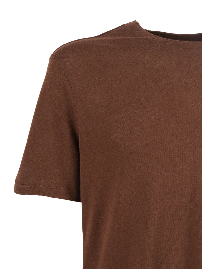 Short Sleeve Round Neck T-Shirt Brown Cotton Linen Sleeves