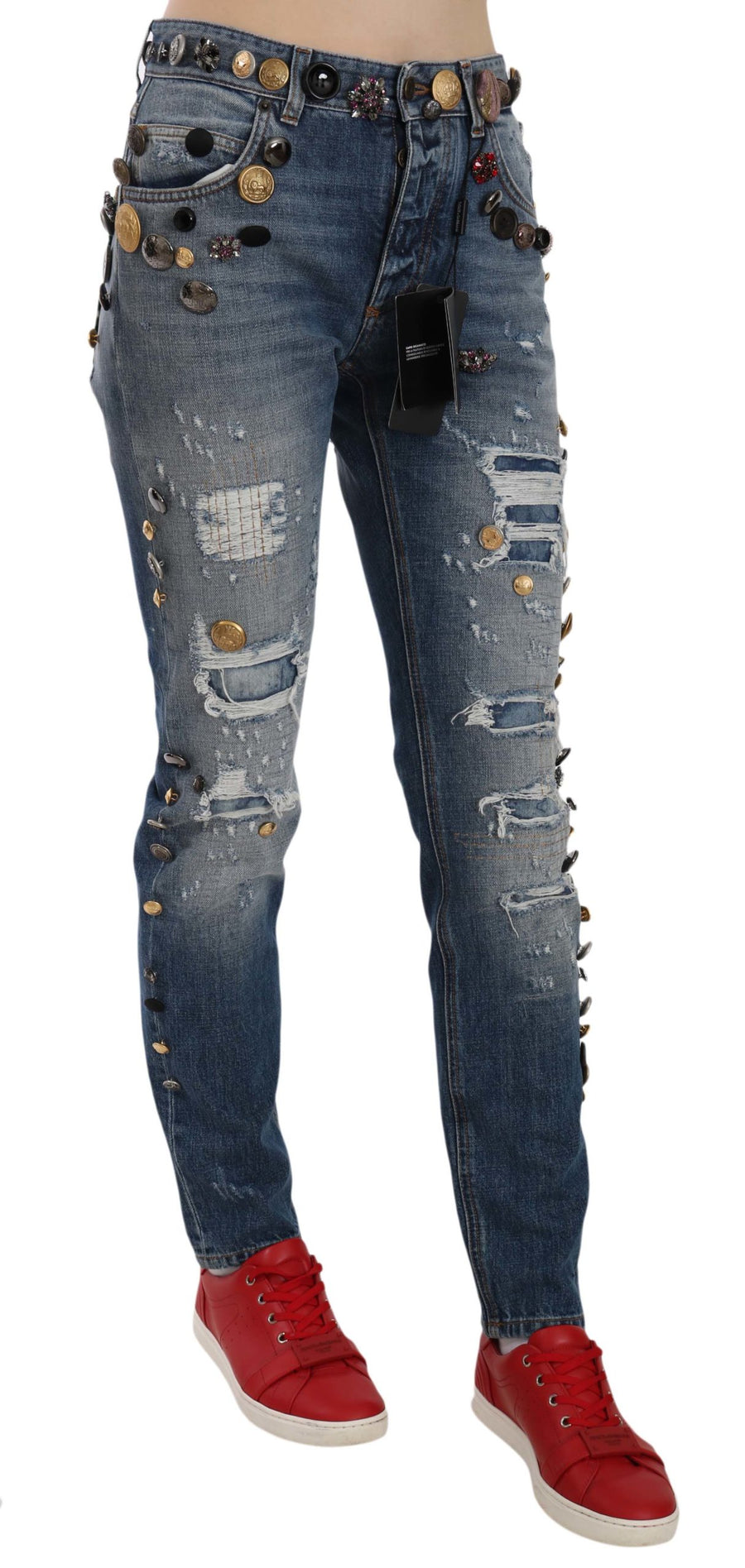 Distressed Embellished Buttons Denim Pants Jeans Blue Cotton