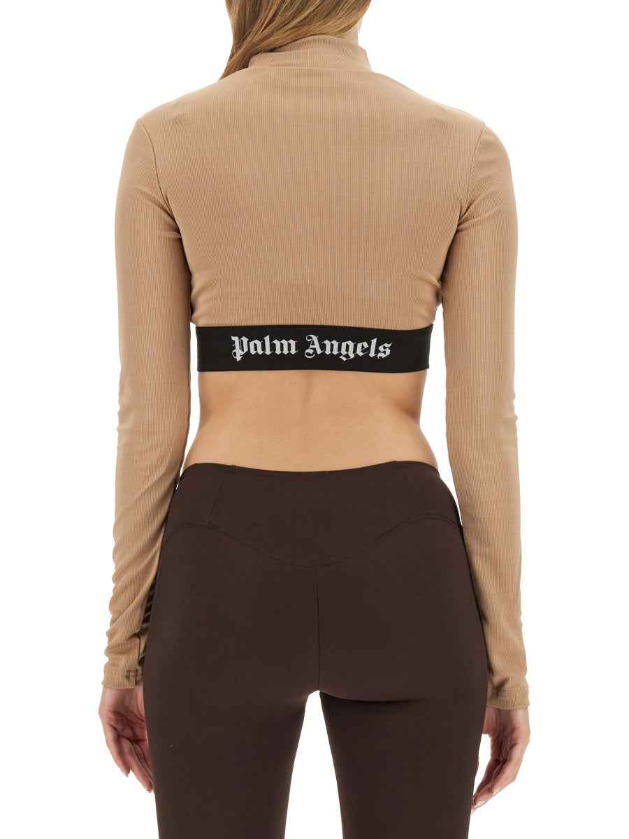 Cropped Top With Logo Beige Polyester T-shirts