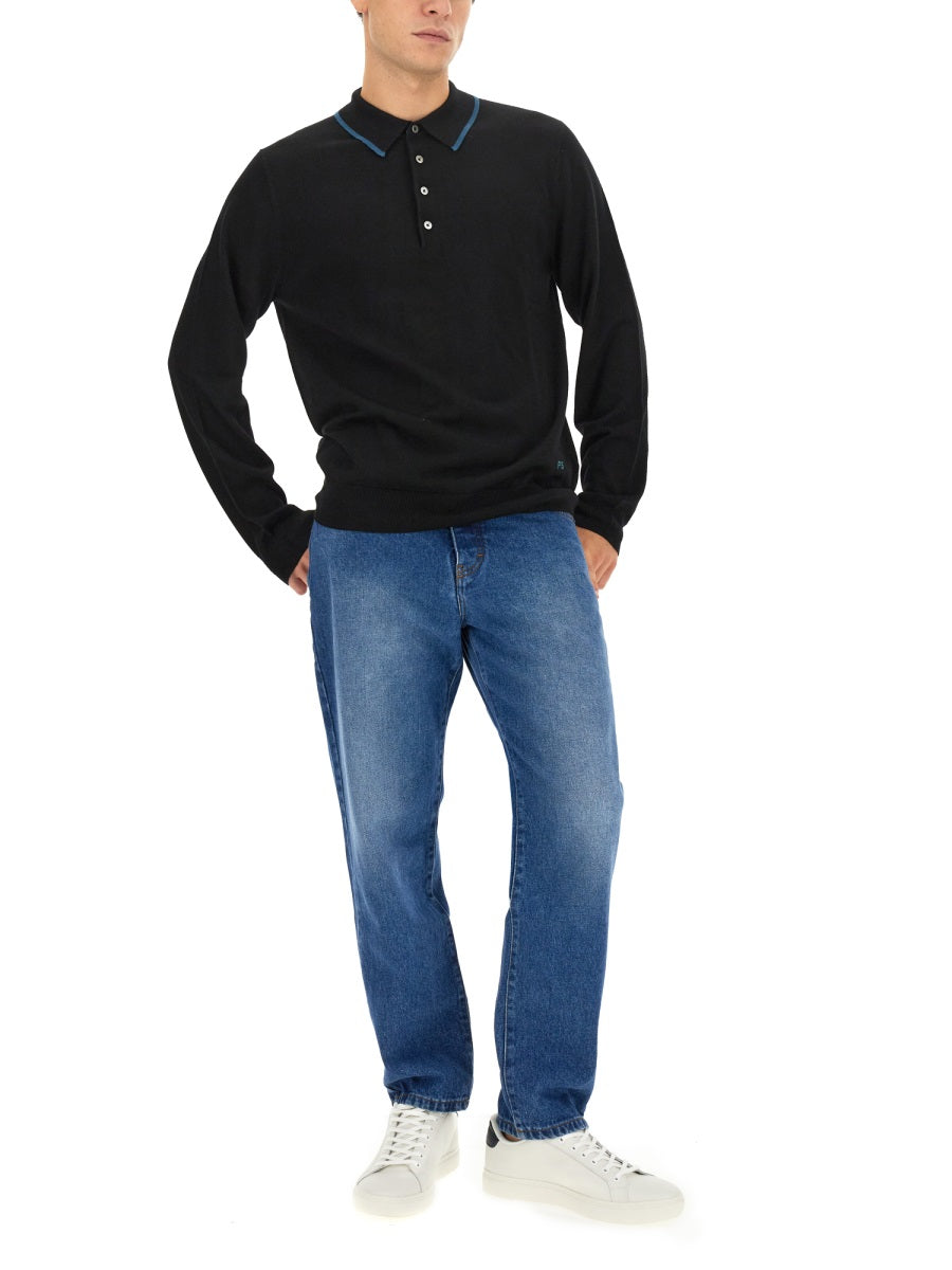 Polo With Logo Black Merino Wool Sweatshirts