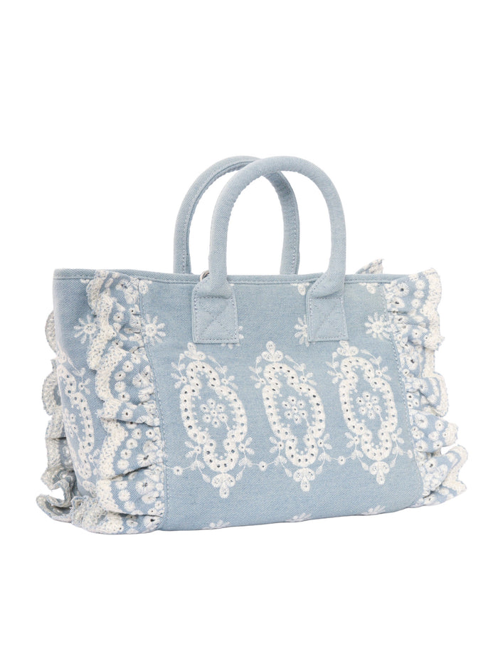 Colette Volant N-Sangallo Flowers Denim Emb Light Blue Cotton Handbag