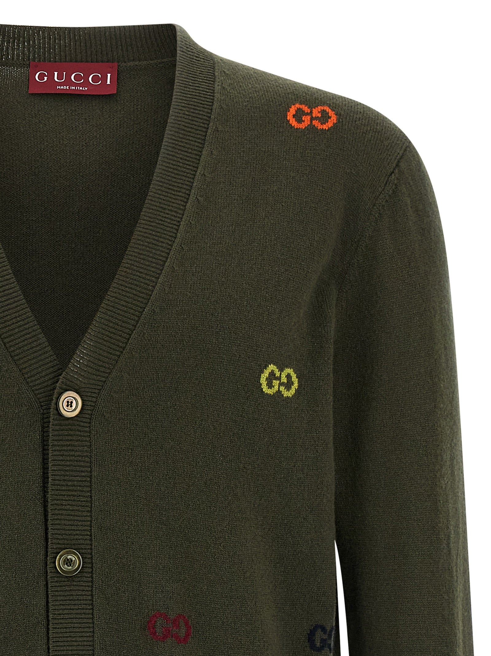 Gg Intarsia Cardigan Green Cashmere Sweater, Cardigans