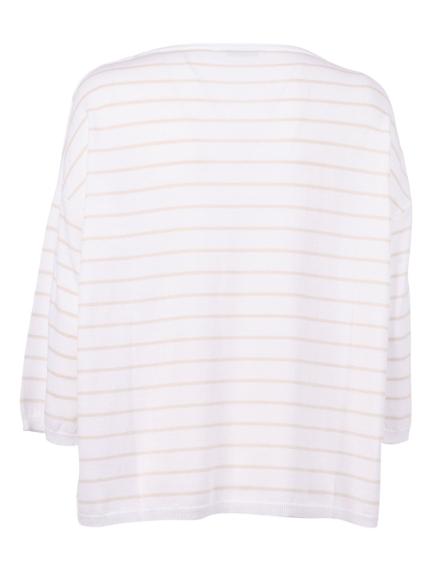 Two-Tone Striped Boat Neck Sweater With Elbow-Length Sleeves White Cotton Crewneck